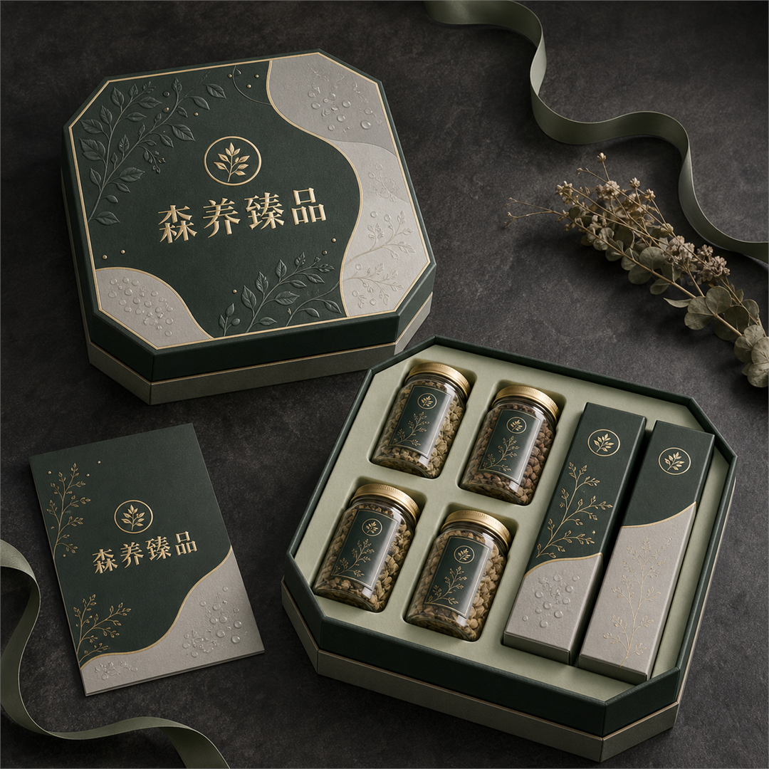 新中式撞色凹凸烫金名贵养生食材礼盒