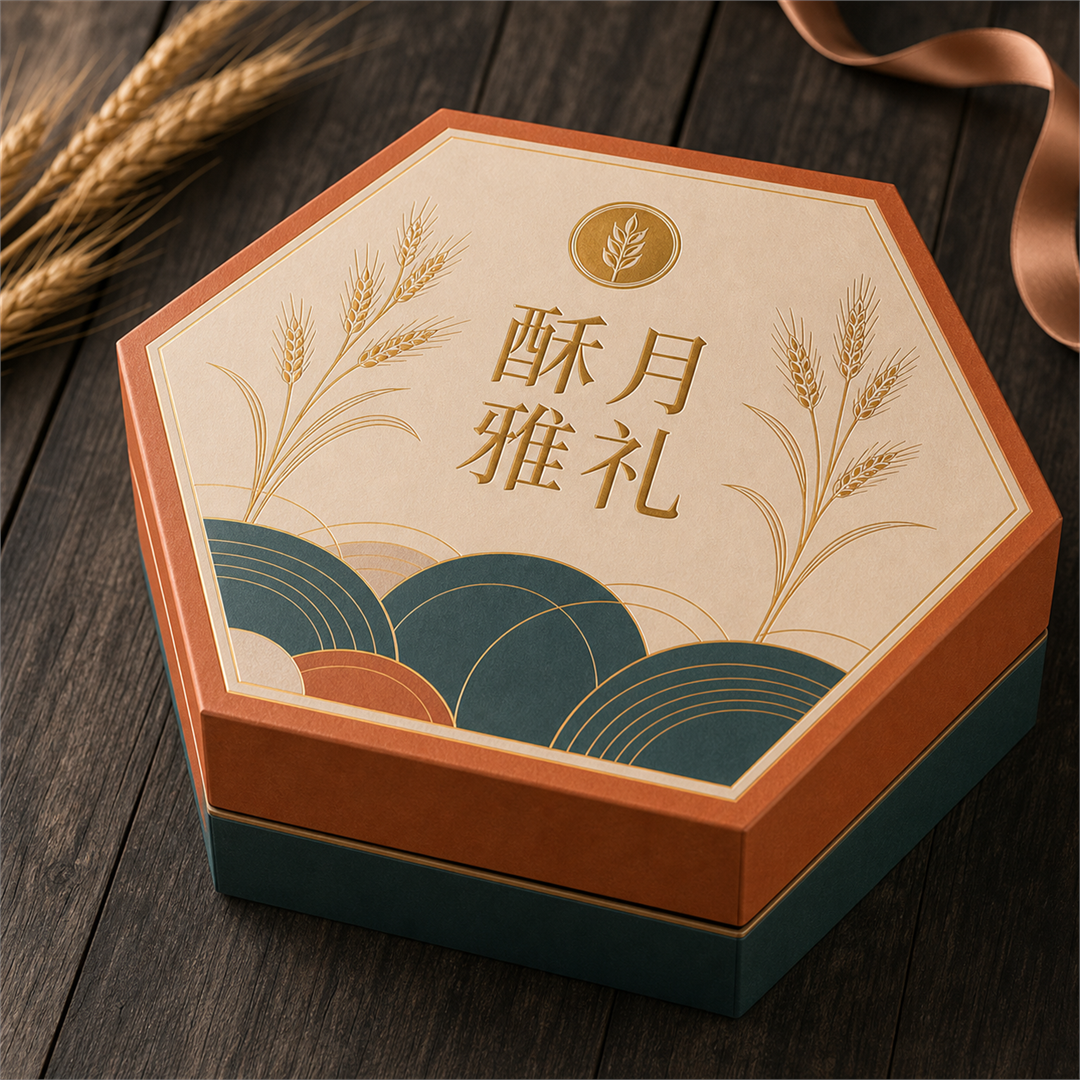 山水波纹烫金复古撞色八角月饼点心礼盒
