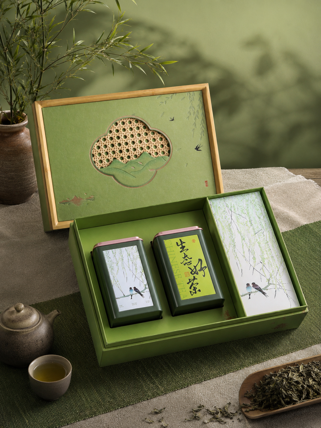 Light Green Bamboo-Edged Tea Gift Box | Chinese-Style Green Tea Packaging with Woven Rattan Window, Swallows and Spring Willows