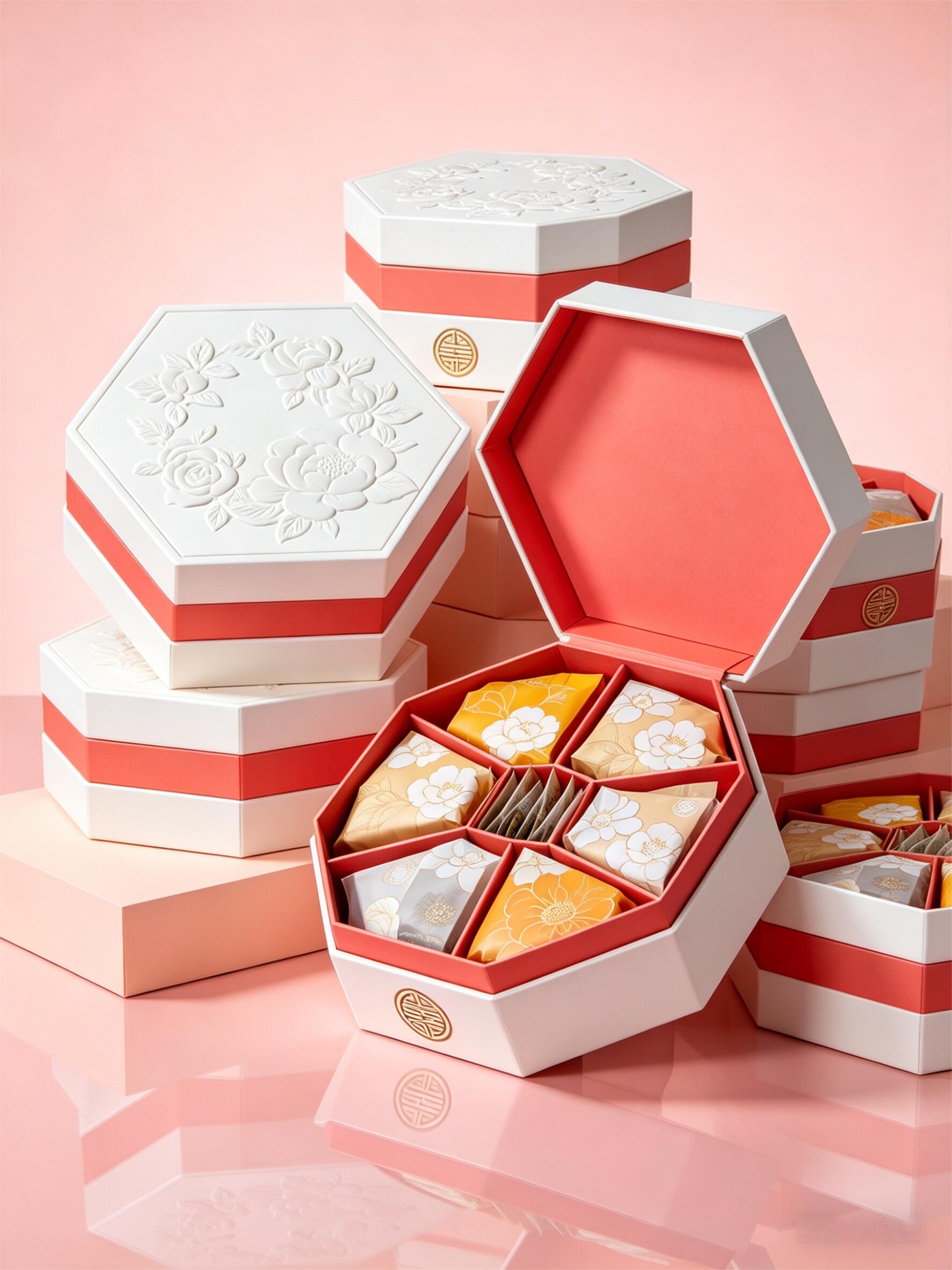 Six-sided shaped decorated gift box Red and White Colour New Chinese Companion Packaging Box