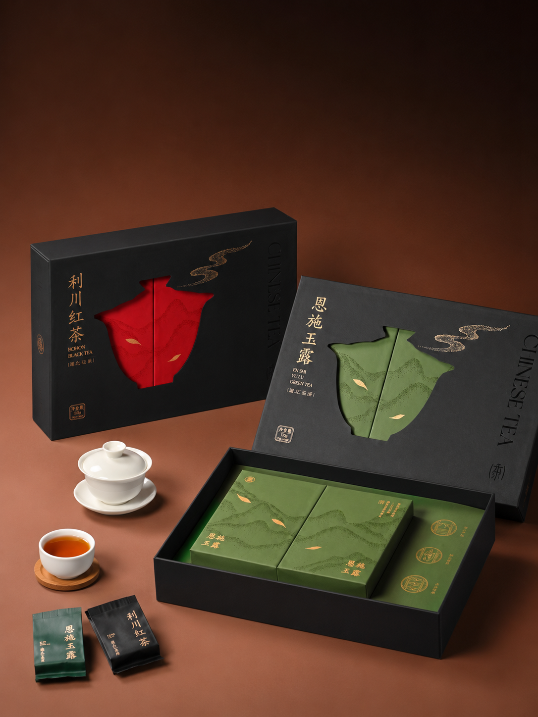 The sea of black gold covered the tea. The gift box. Double Tea Combination Packaging box is customized.