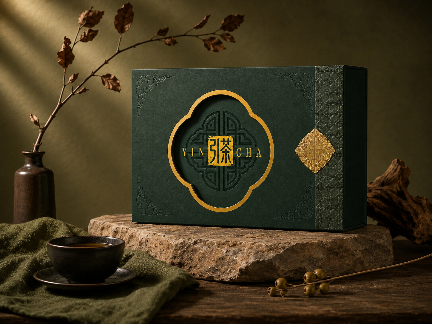 The deep green wind opens the window The Tea Box. The mountains of hot gold. Tea Gift Packaging Box