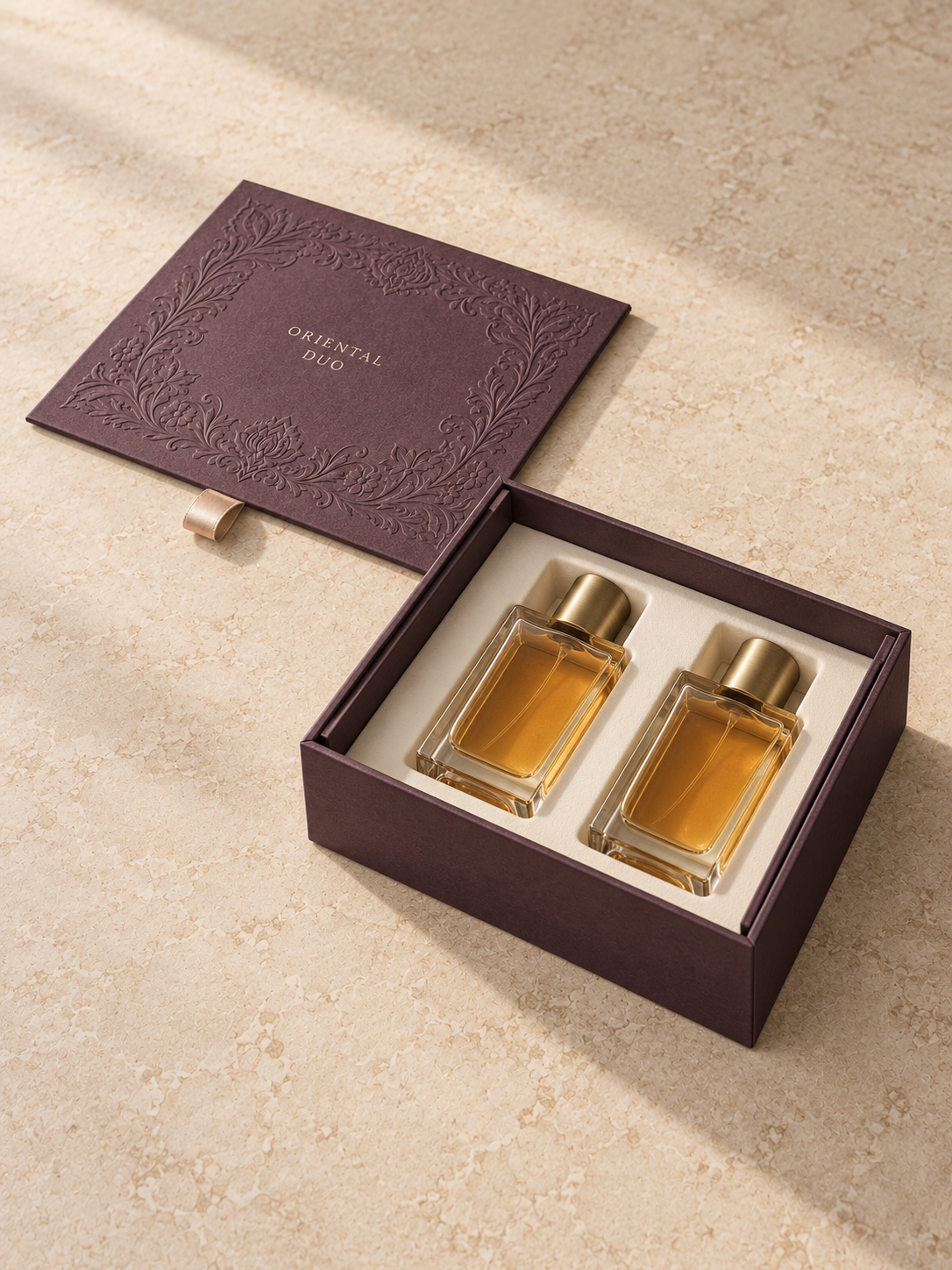 Reproduction of Flowers. Custom perfume packaging box. A double perfume. DUO The high-end gift box.