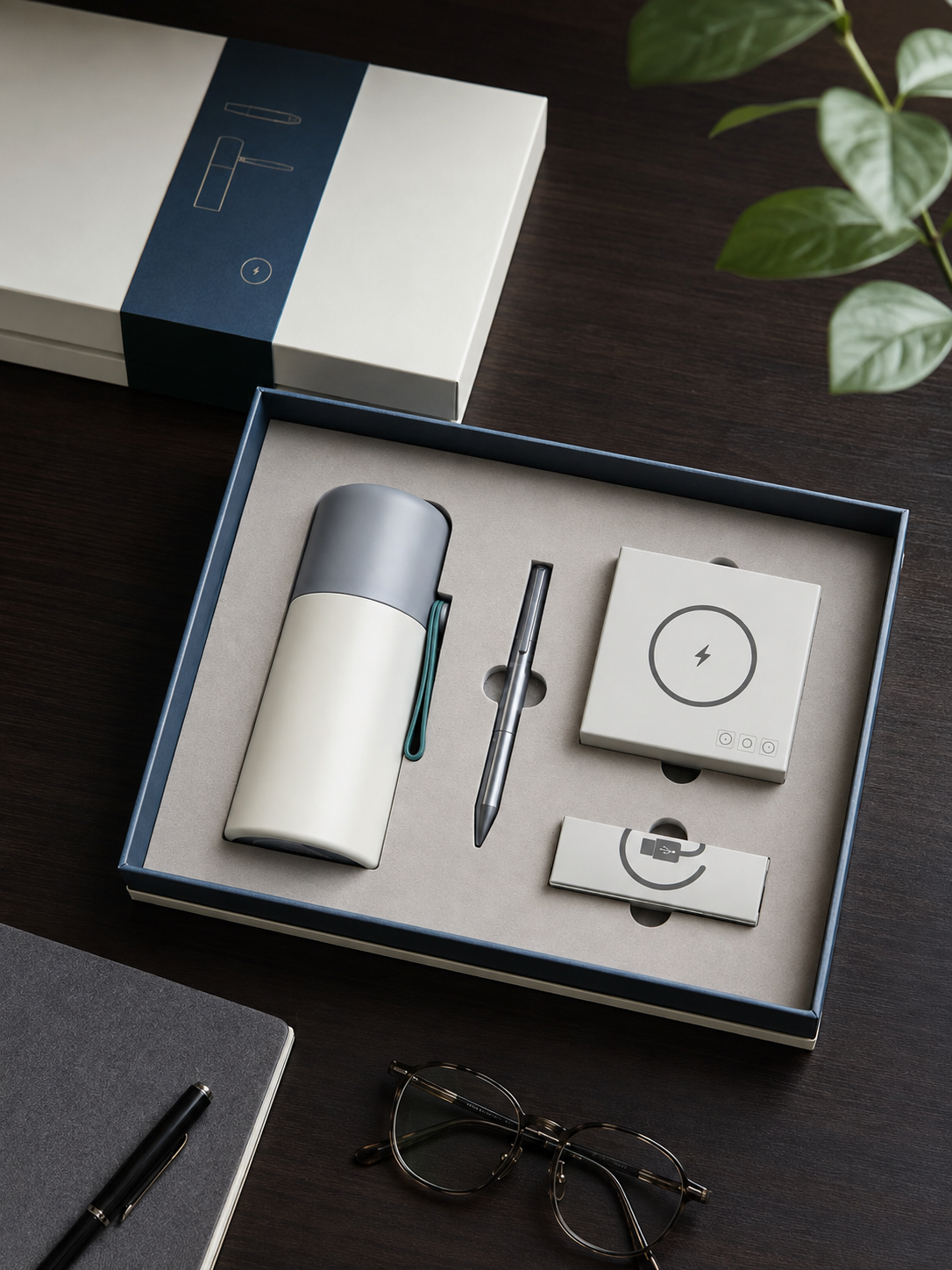 The blue book covered business. The gift box. EVA The Digital Warm Cup. Customized packaging box.