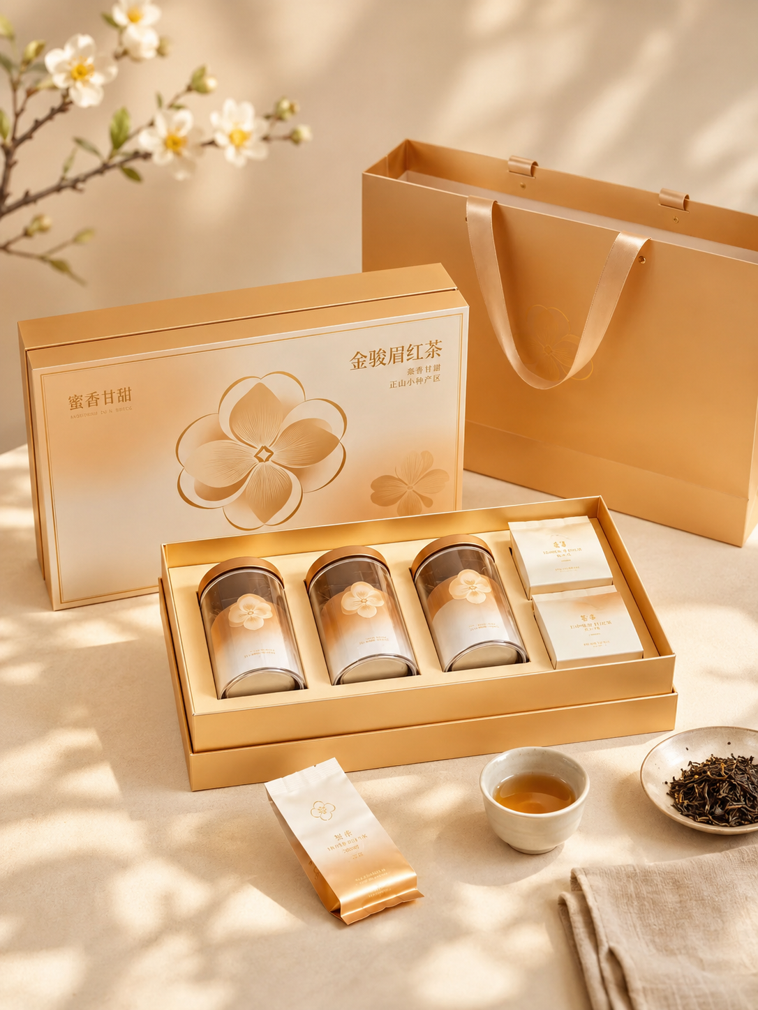 Champagne gold becomes red tea. The gift box. Three transparent tanks of gold. Tea Packaging Box with Handbag customized