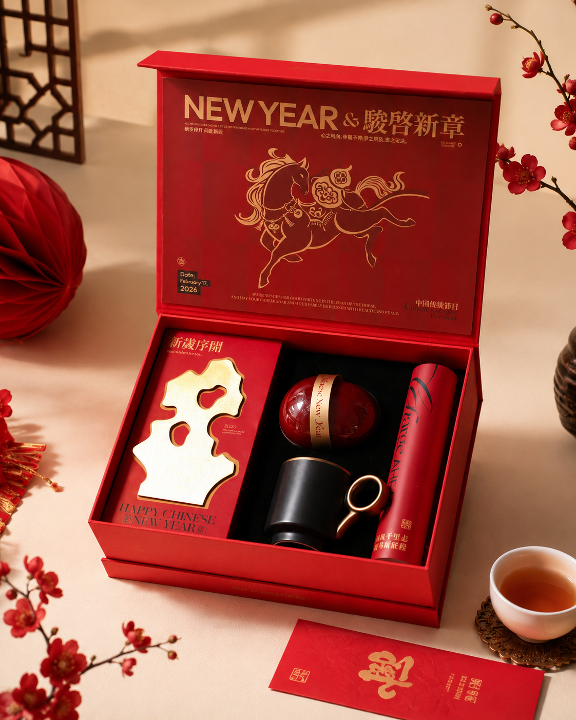 The red gold horse covers the heavens. The gift box.