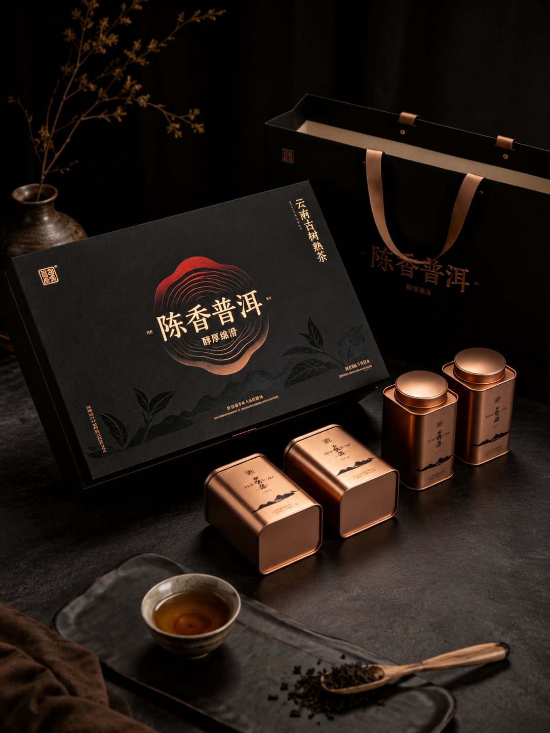 Black brown book cover. The Purple Tea Box. 4 Metal tea bottle old tree tea. High-end tea gift packaging box customized