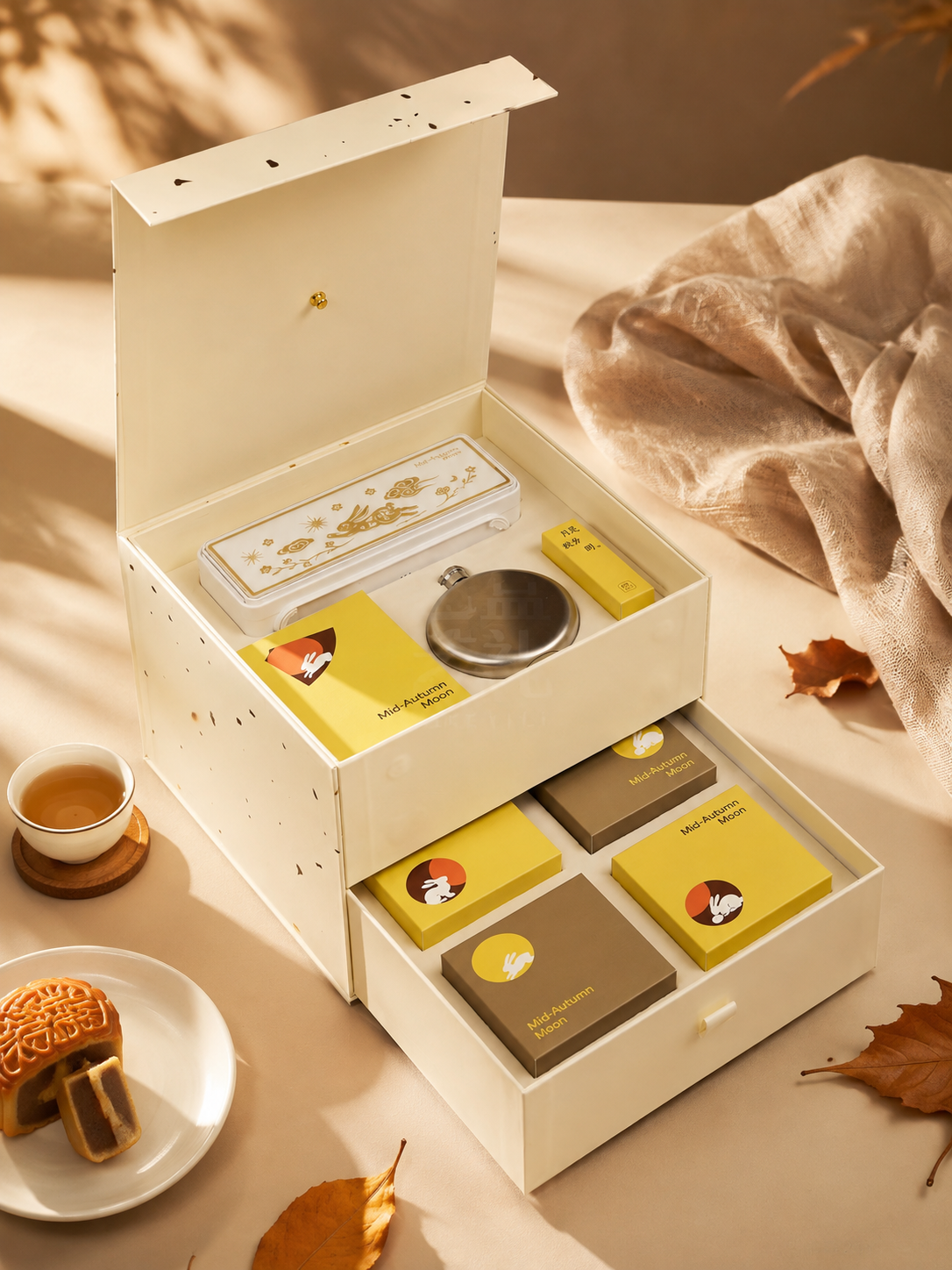 Turn a double-layer plate in the middle of autumn The gift box. New Chinese Creative Month Cake Creation Packaging box customized.