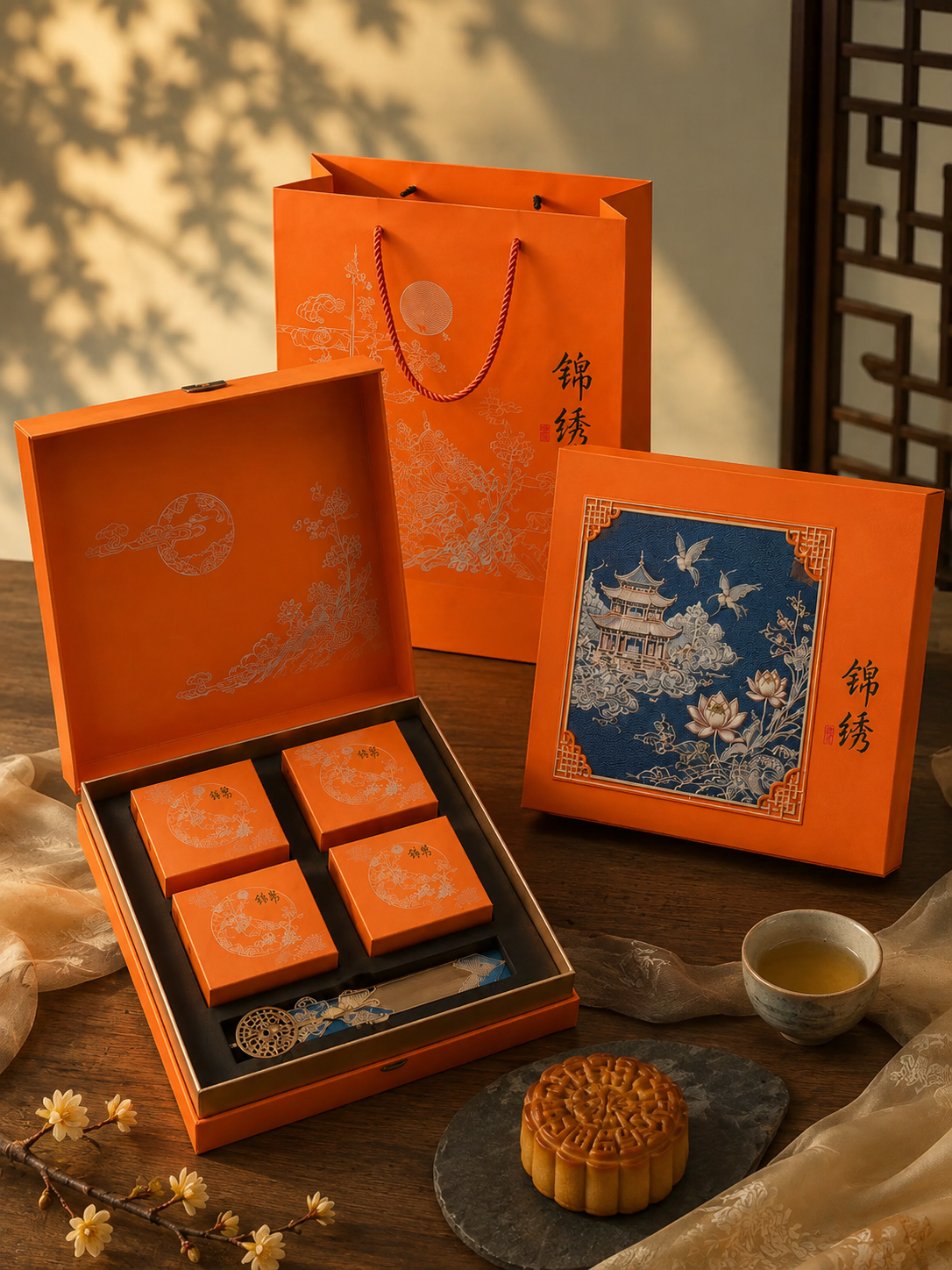 The Orange Blue New Chinese Cover The Month Cake Box The State Wind 4 Month Cake Packaging Box customized