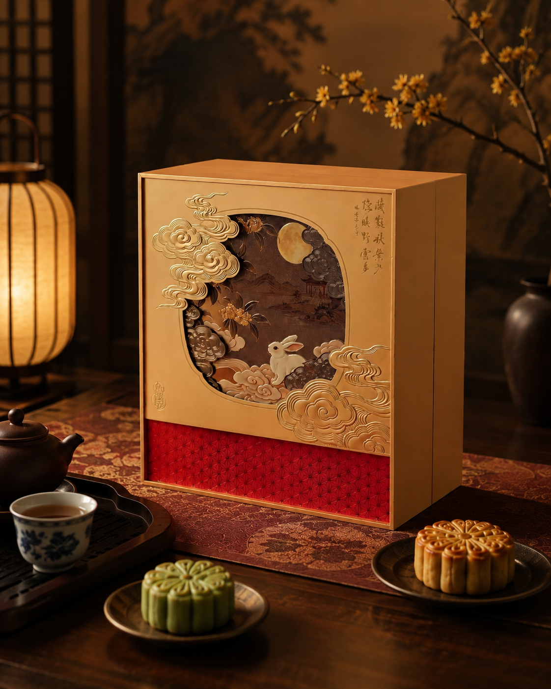 立体浮雕新中式中秋月饼茶礼礼盒｜玉兔望月双开书本盒月饼茶叶套装包装盒定制