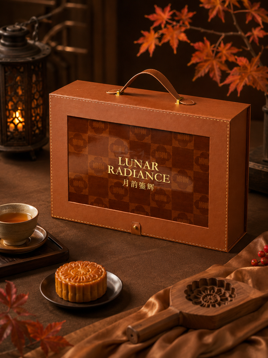 Closed handheld in the autumn box. Open the window and cover the moon cake. Commercial packaging box.