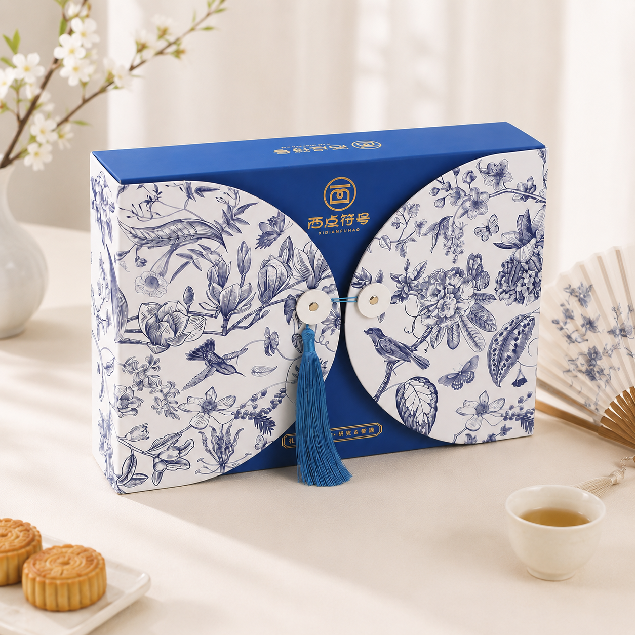 Blue Flowers open the door. The gift box. New Chinese Cake Gift Box EVA The middle autumn packaging box.