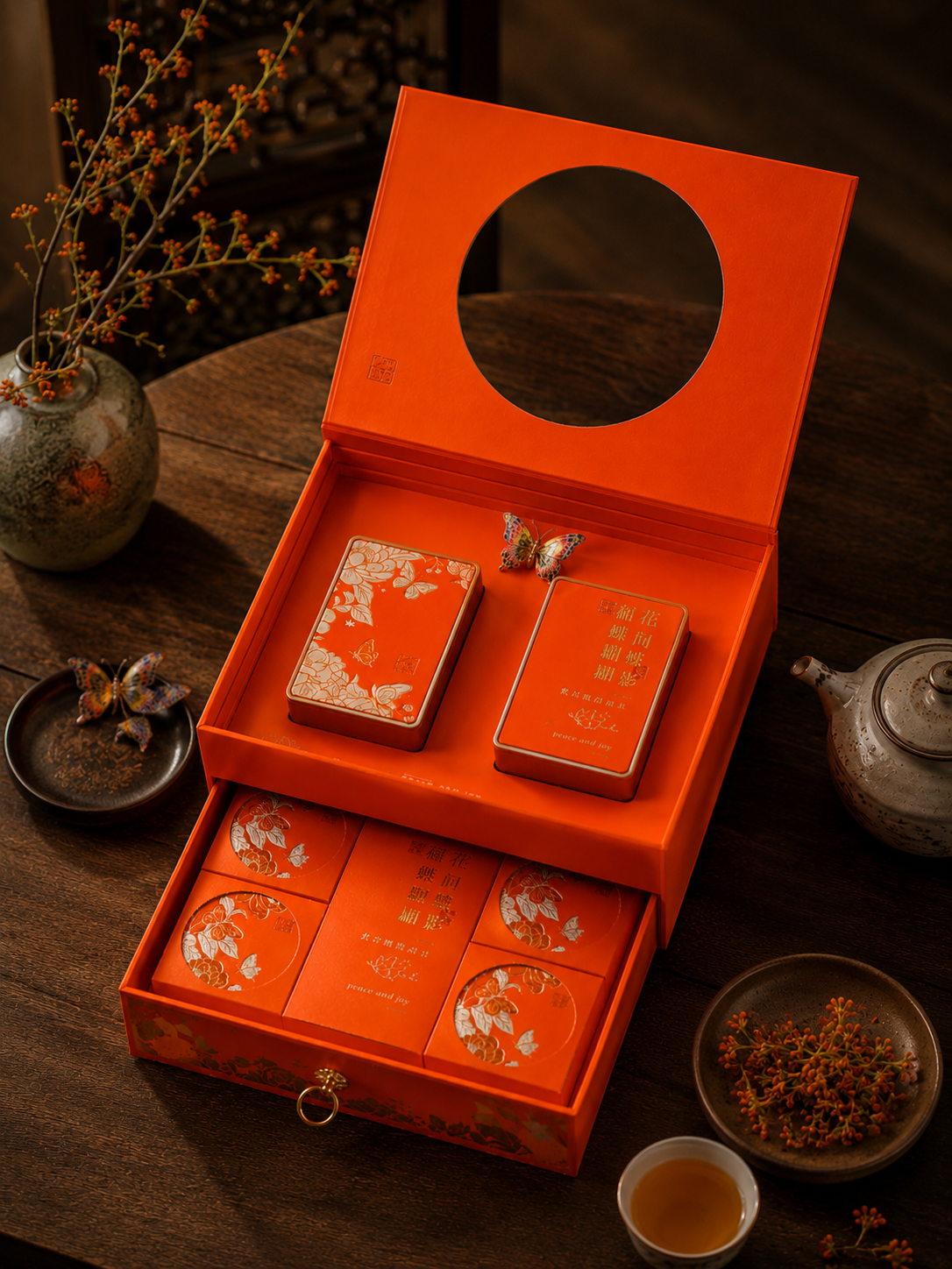 The hot orange winds open the window. The gift box. Tea Month Cake Combination High-End Festival The gift packaging box.