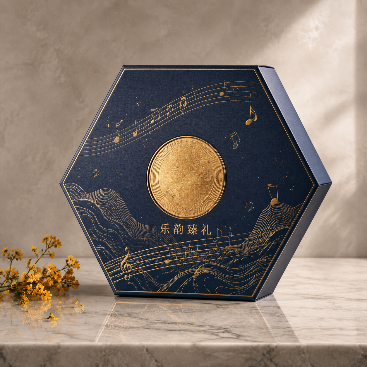 正六边形烫金金属牌天地盖植绒内衬精装礼盒