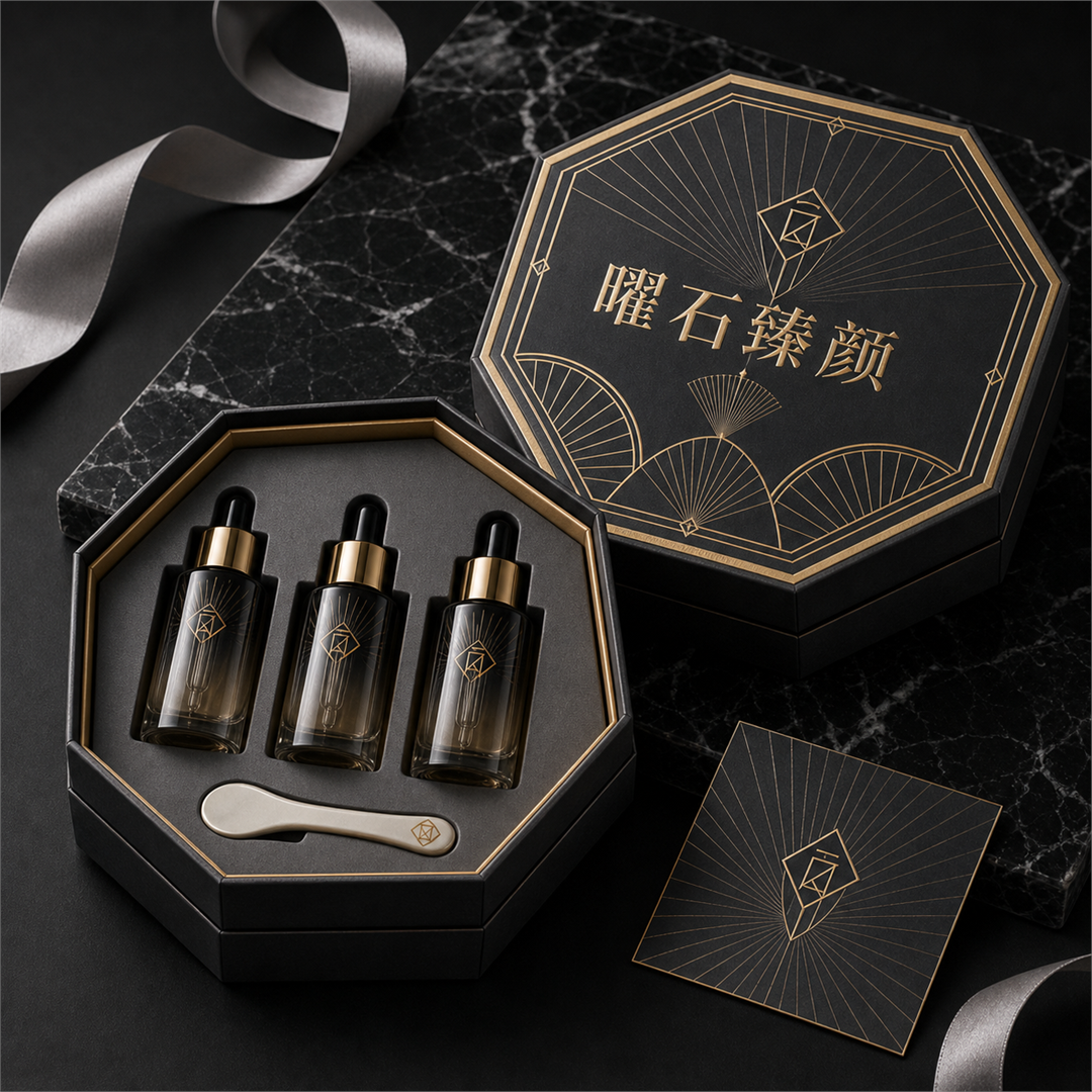轻奢黑金扇形放射纹八角天地盖护肤精华套盒定制