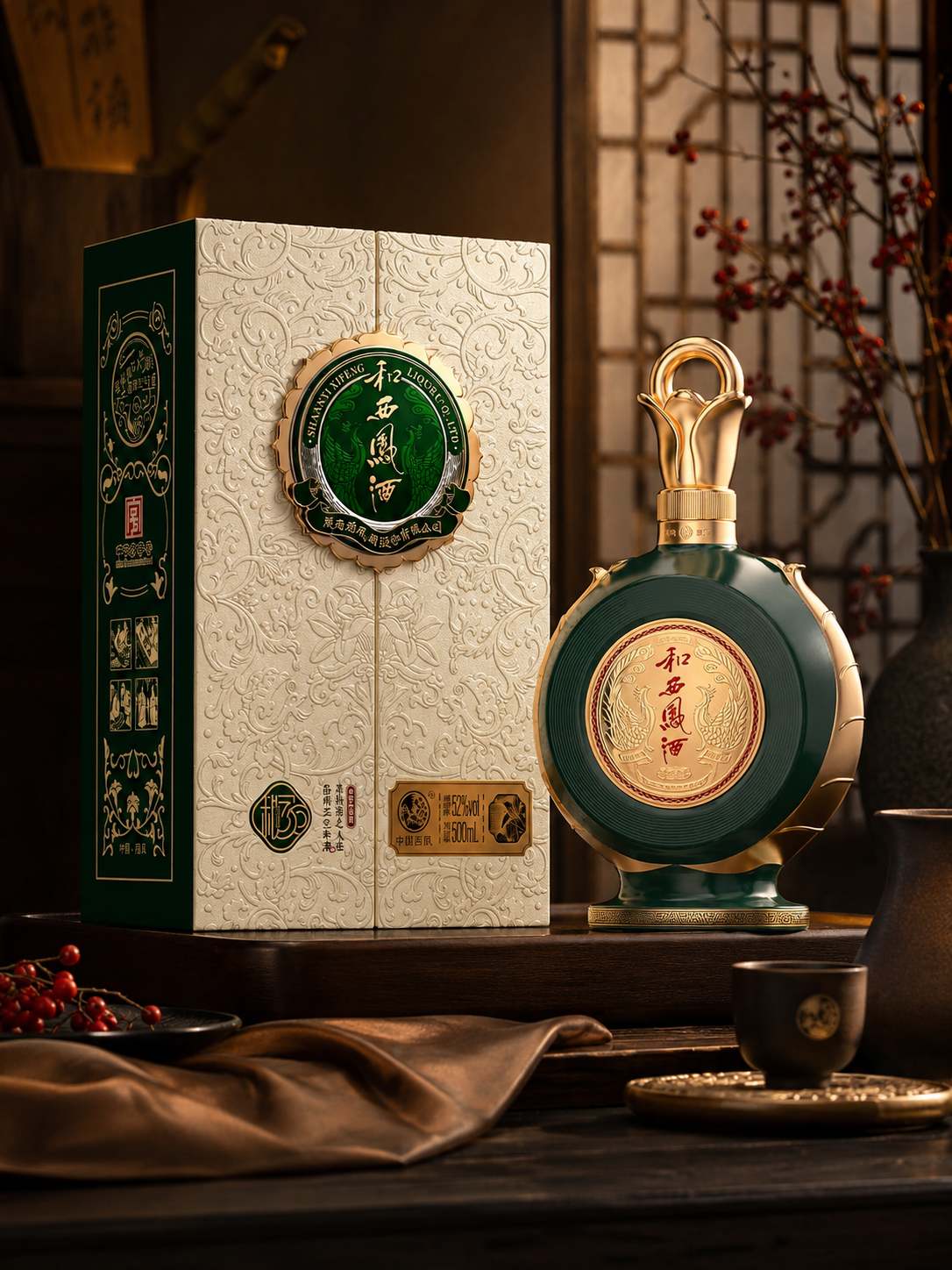 新中式绿金配色双开门白酒礼盒｜单瓶异形酒瓶高档酒水礼品包装盒定制