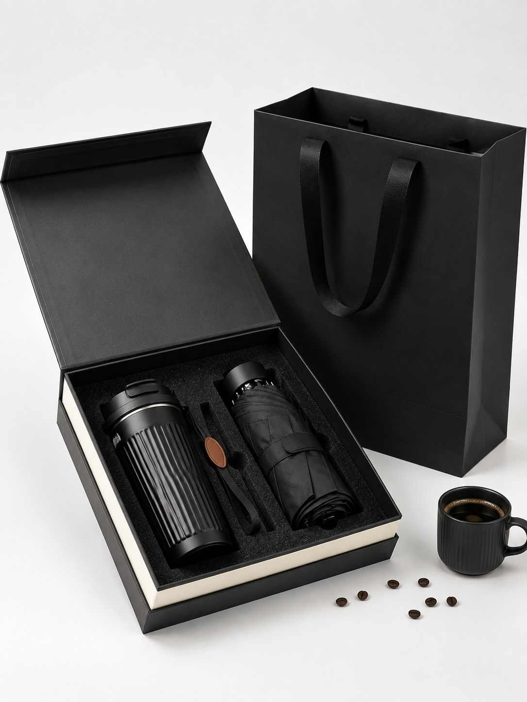 A black box of gifts. The warming glass of parasol clothing business. Commercial packaging box.