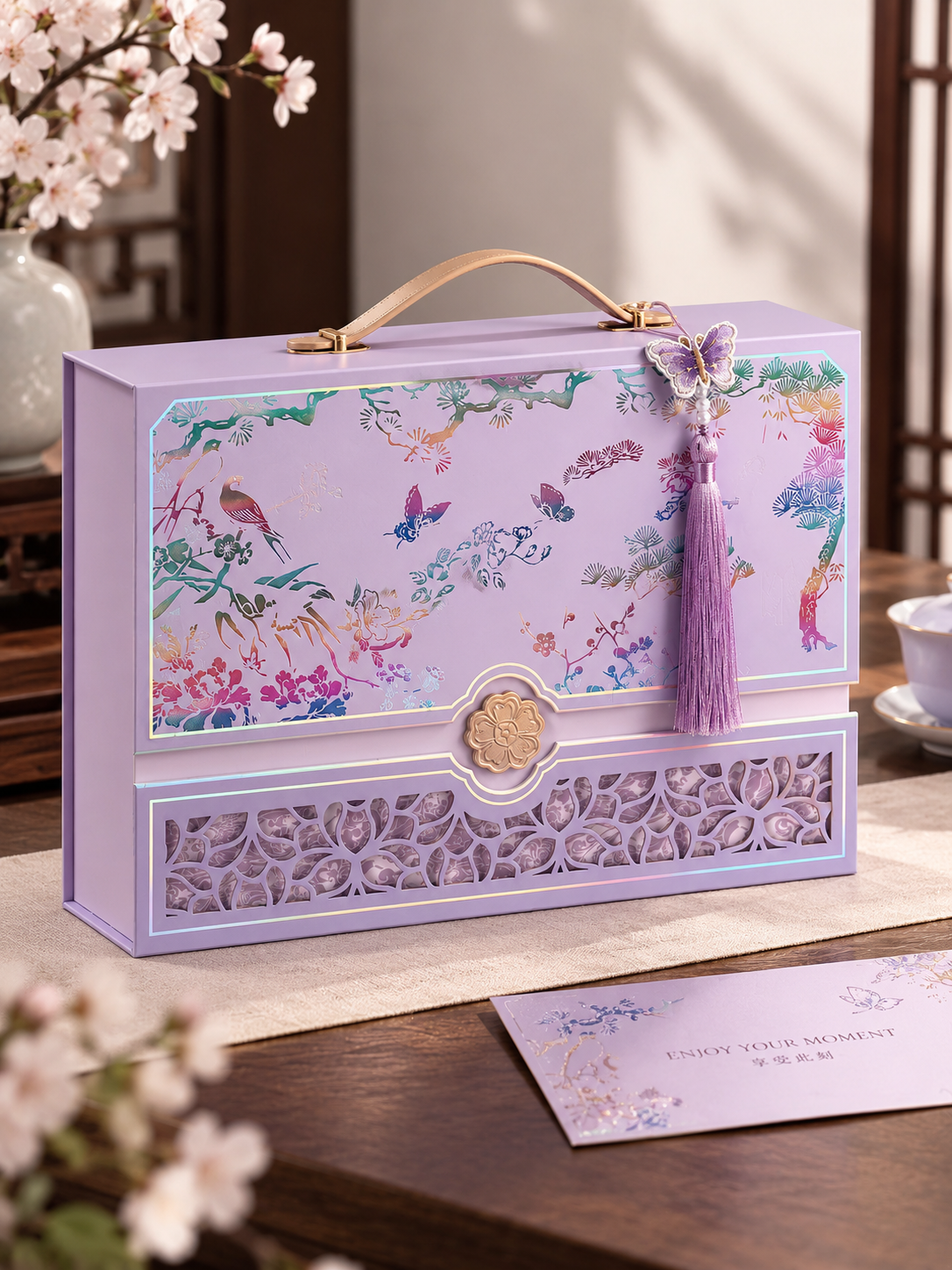 New Chinese handheld hard. The gift box. Boxes of shooting bird printing + The lower floor opened the window. Mid-Autumn Makeup Cake High-End Companion Packaging box customized.