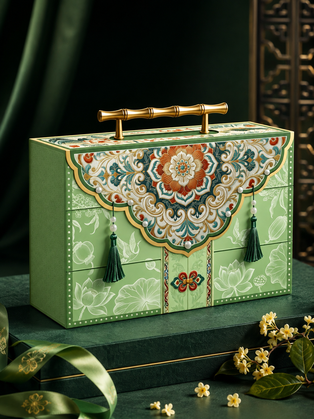 Blue green new Chinese multi-layer The Gift Box. Mid-Autumn Tea Cake The gift packaging box.