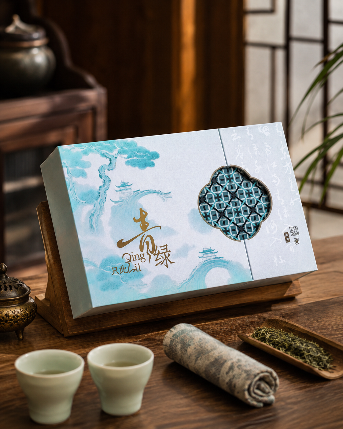 The blue green water. Open the window and open the tea box.