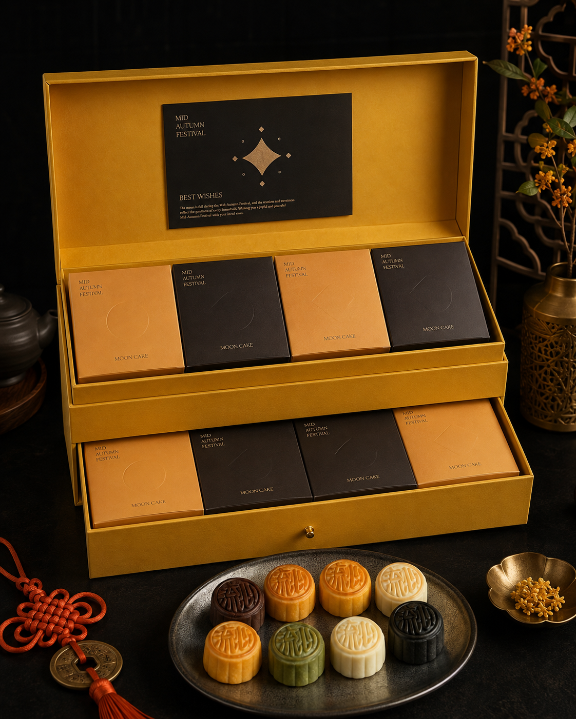 Light gold covering double layers. The Month Cake Box Buying high-end gifts in the middle of autumn Packaging box is customized.