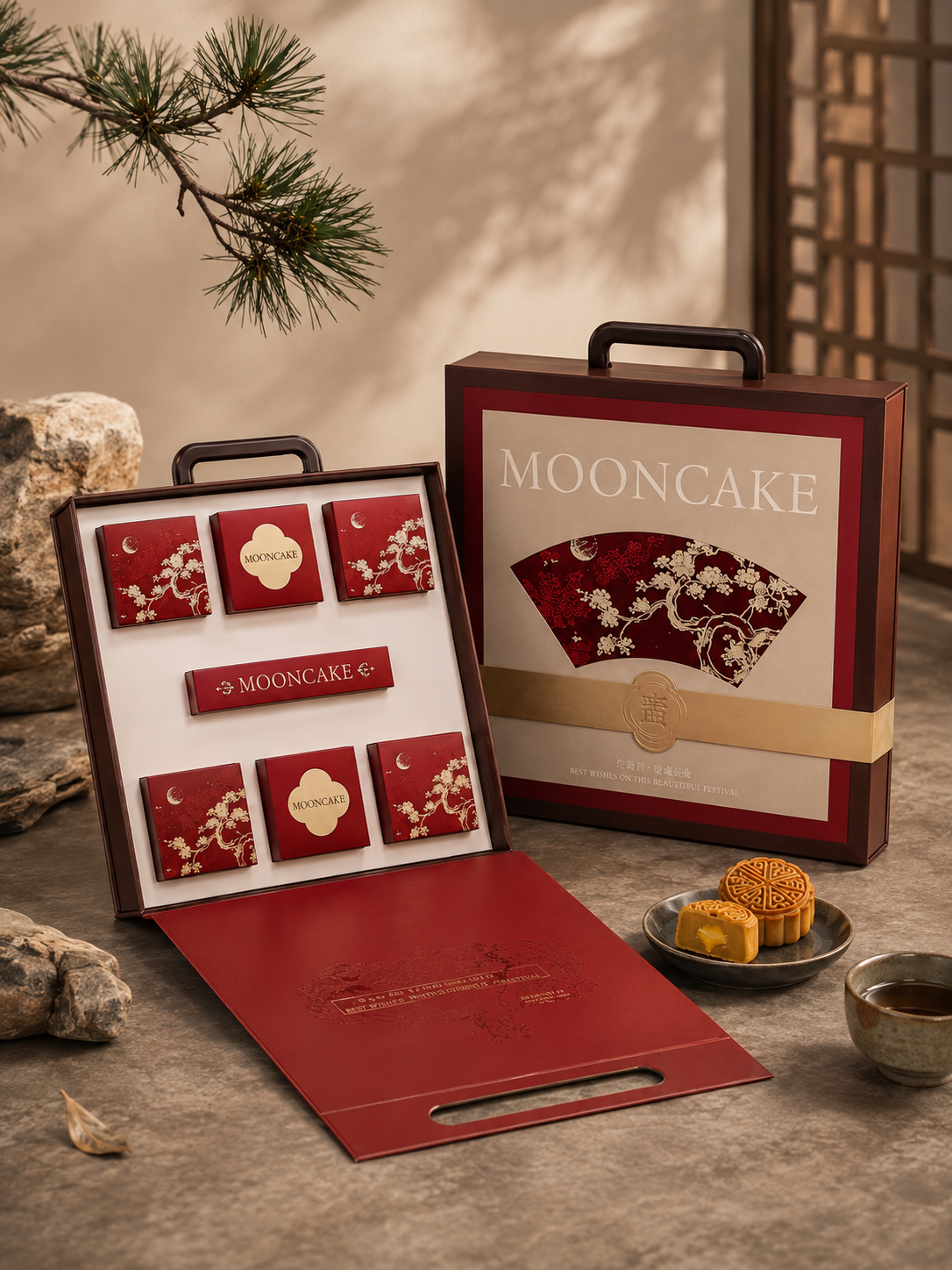 New Chinese handy moon cake box Red gold flower covered in the middle of autumn 6 Cake packing box customized.