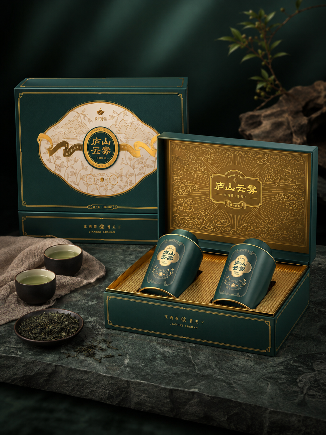 The green wind covers the tea. The gift box. Heat Gold Cloud Double Iron Canyon Cloud green tea gifts. Packaging Box
