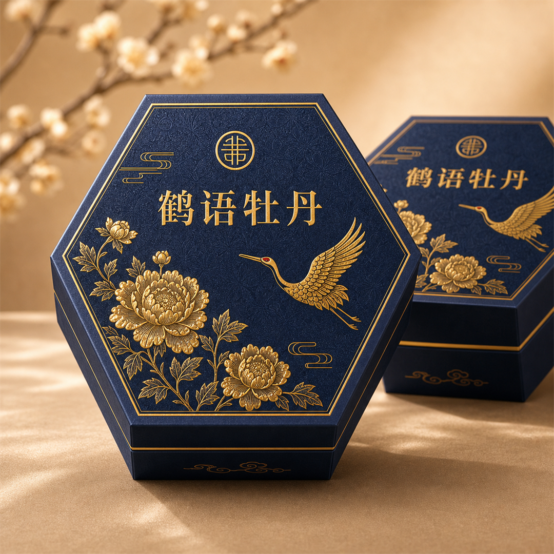 藏青底浮雕烫金六边型企业商务中秋月饼包装盒