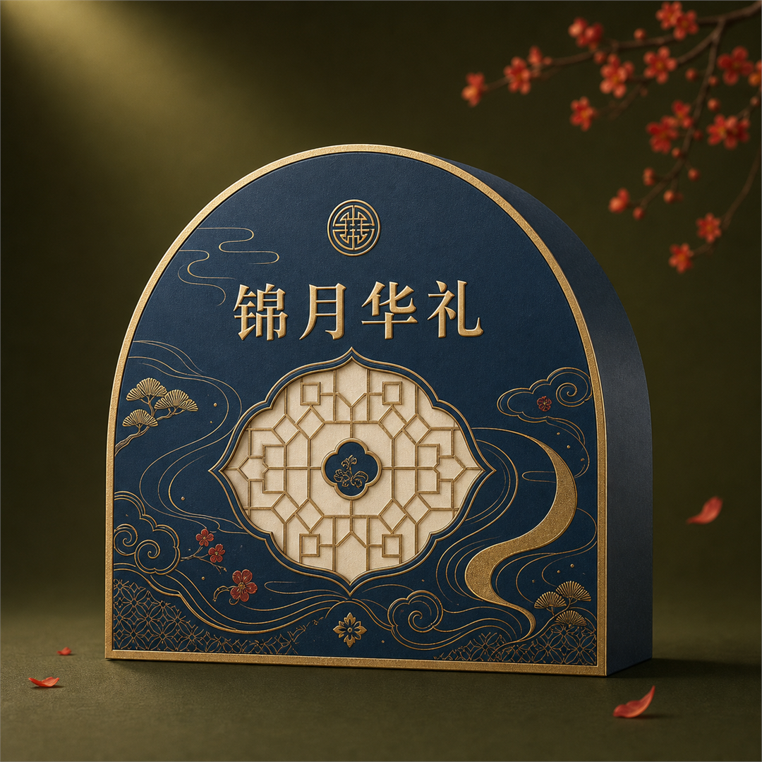 藏青弧形新中式浮雕烫金企业中秋商务月饼包装盒