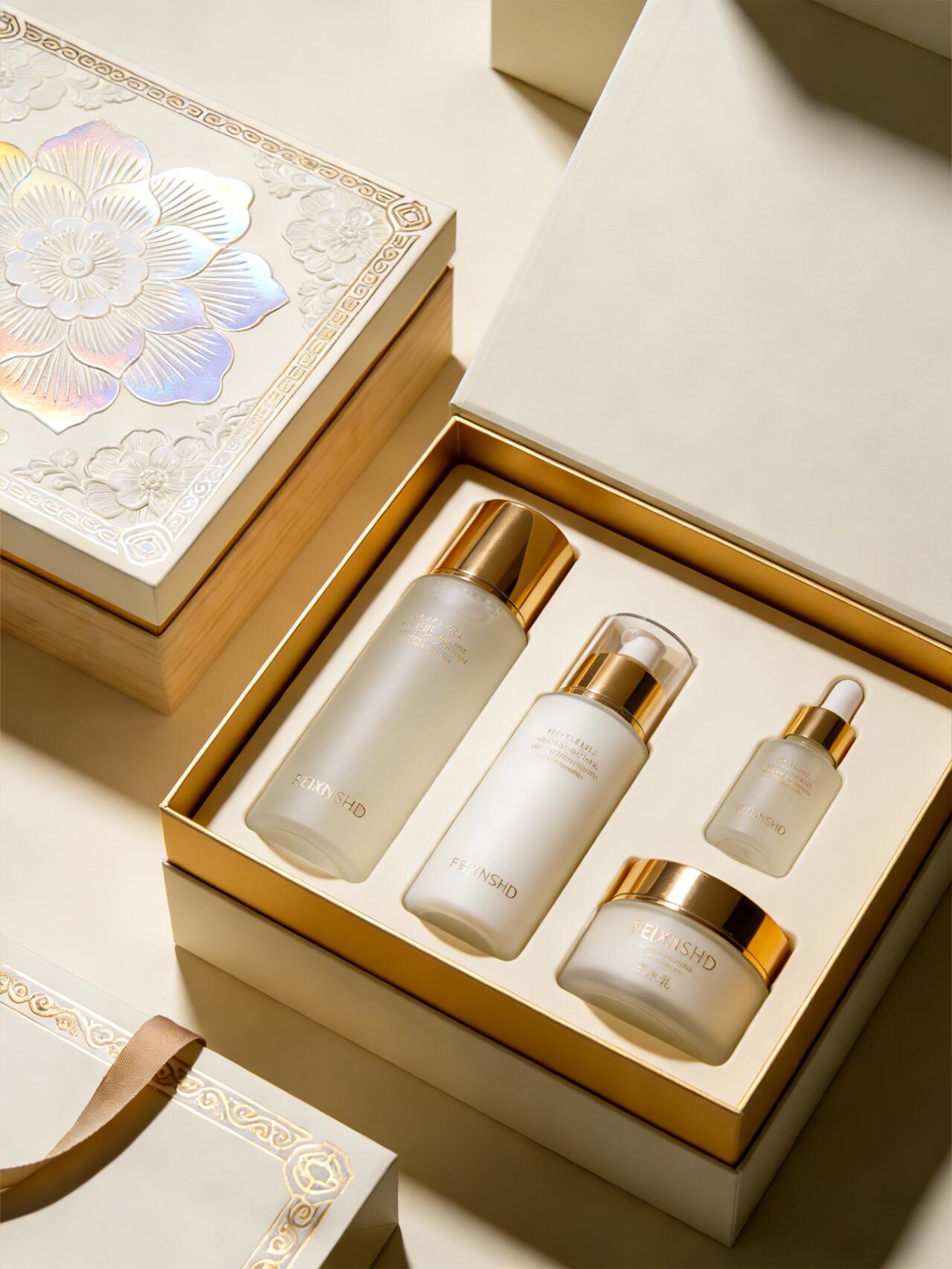 Lightly scattered skin care box. Water cream four sets of heavens. The packaging box