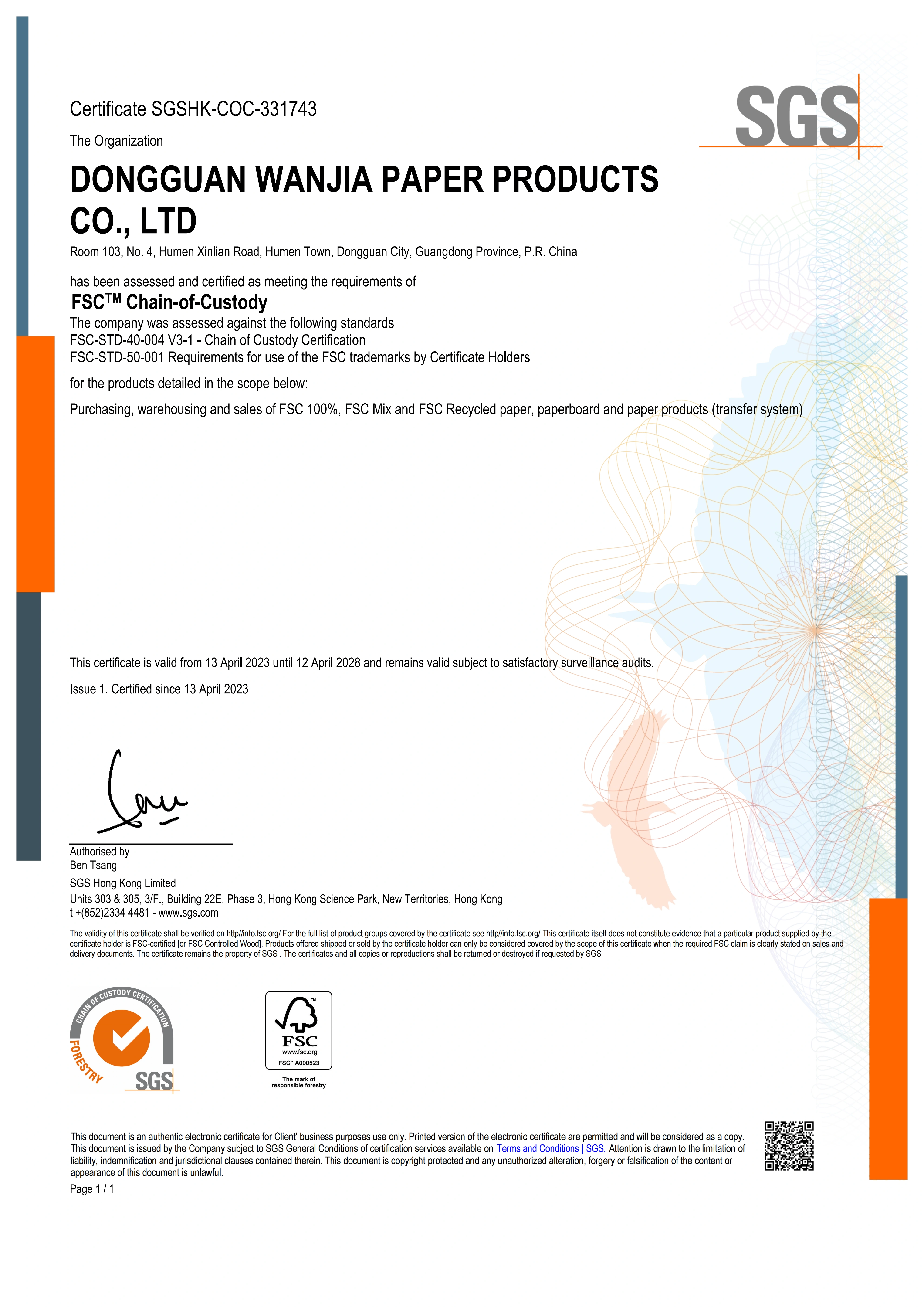 FSC Chain-of-Custody Zertifikat